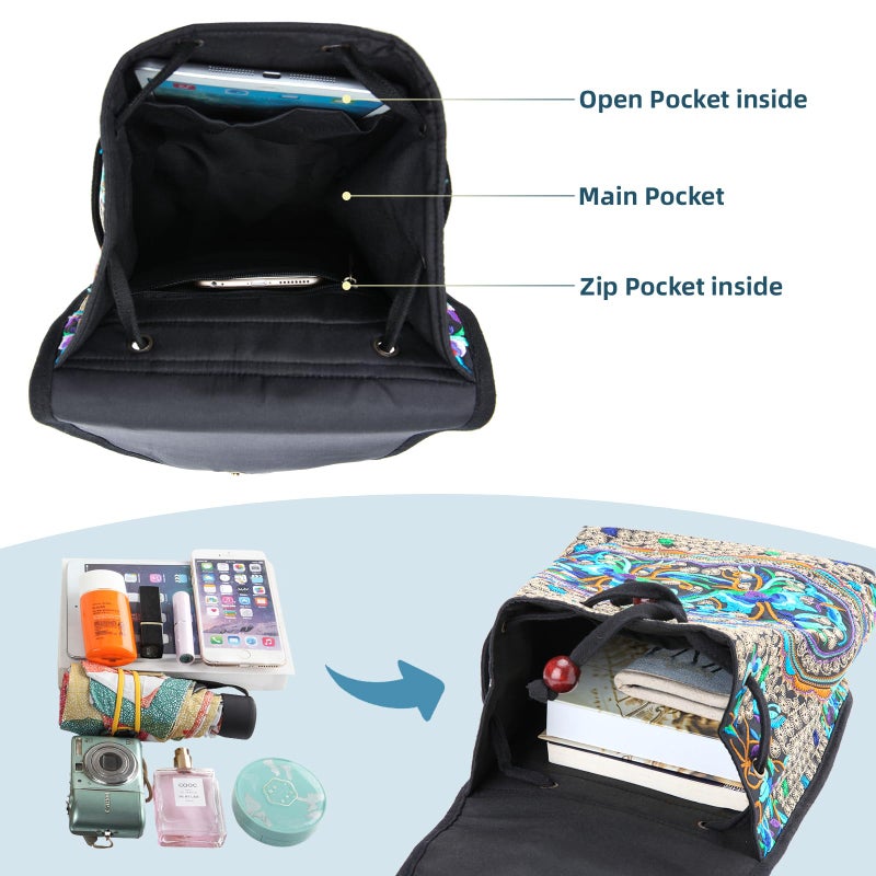 Goodhan Vintage Embroidered Women Backpack Ethnic Travel Handbag Shoulder Bag, 12x10x5 inch - Image 3